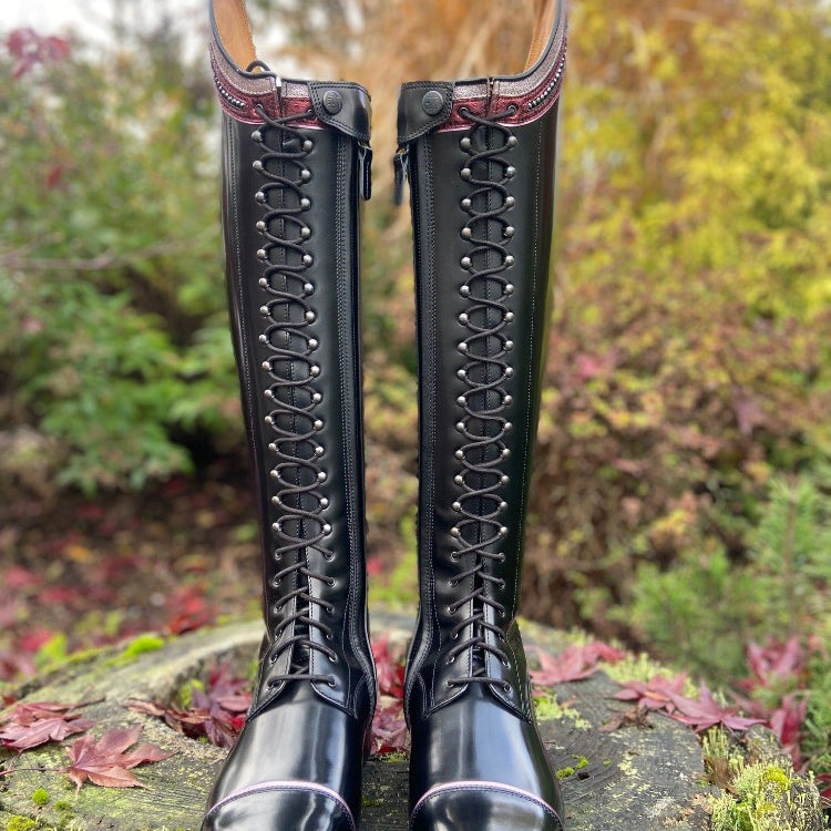 Custom DeNiro Tintoretto Dressage Boot - Brushed Black with Glitter Pink Rondine, BG Bordeaux, & Swarovski