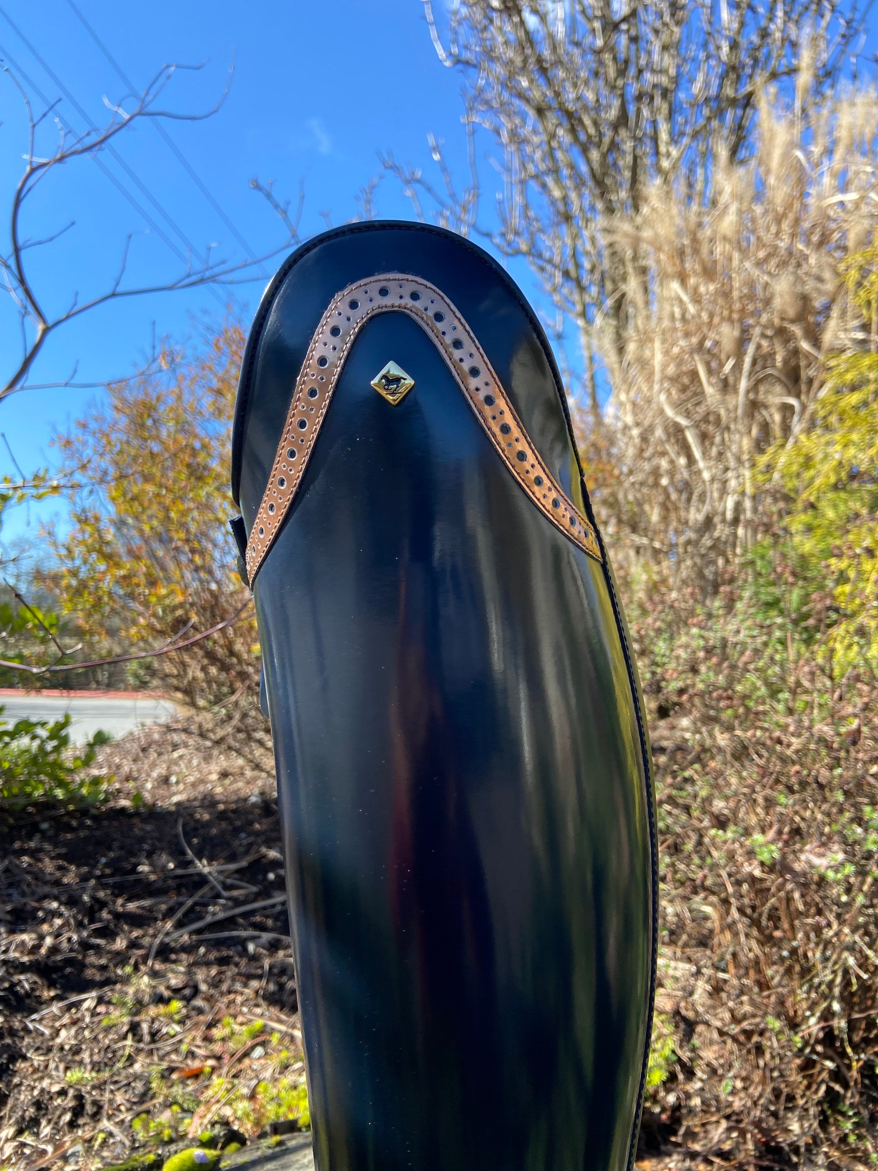 Custom DeNiro Bellini Dressage Boot -Brushed Blue with Punched Piccolo Specchio Caramello Top