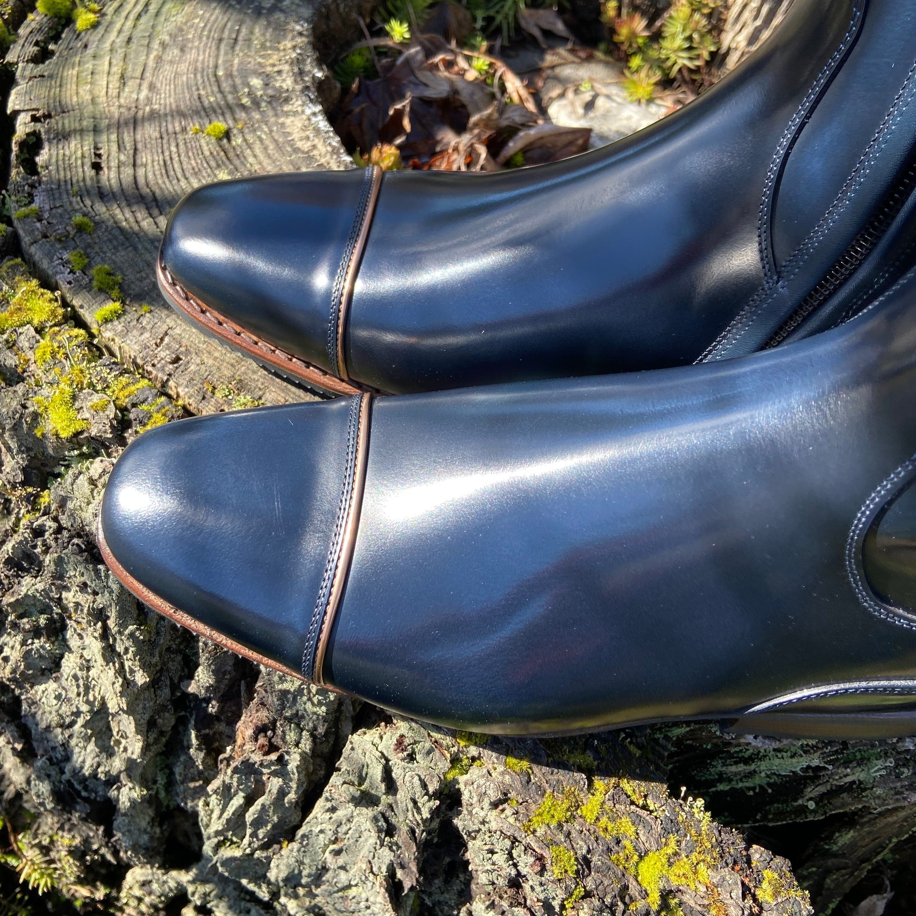 Custom DeNiro Bellini Dressage Boot -Brushed Blue with Punched Piccolo Specchio Caramello Top