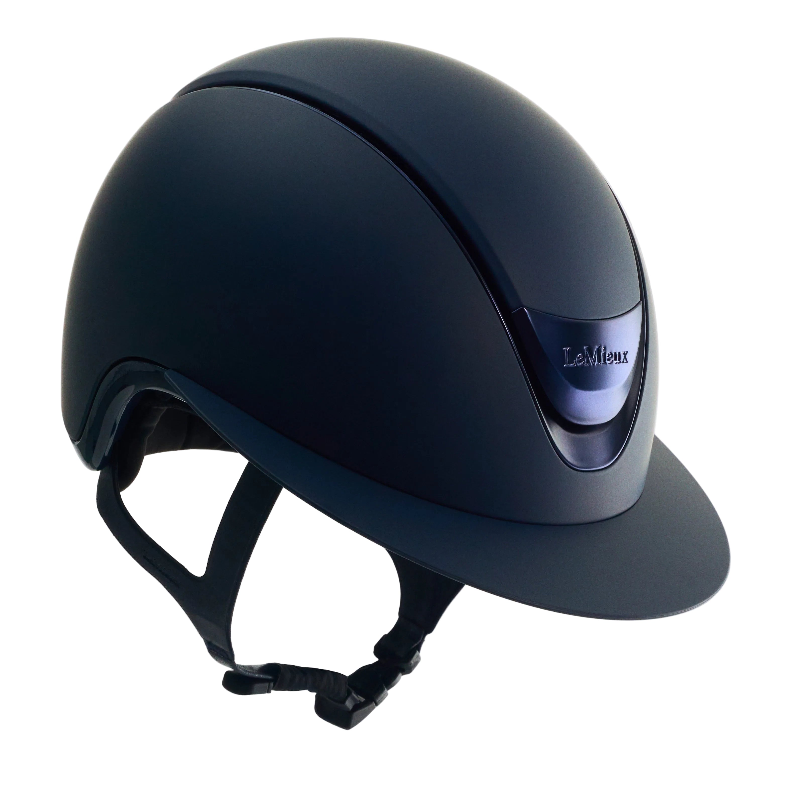 A matte navy blue equestrian riding helmet with a visor and chin strap, shown from a three-quarters angle on a light gray background.