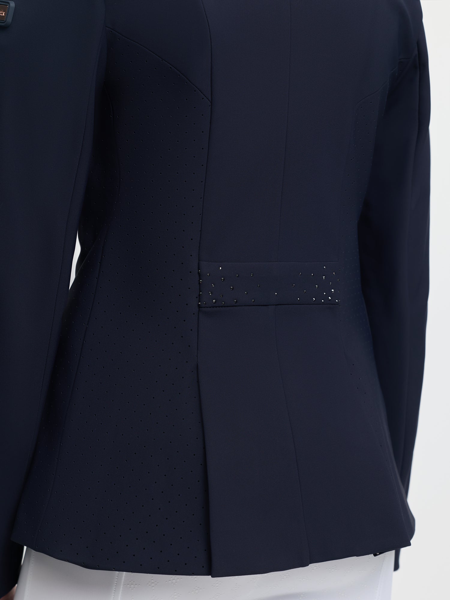 Navy blue blazer with a pocket detail on a white background