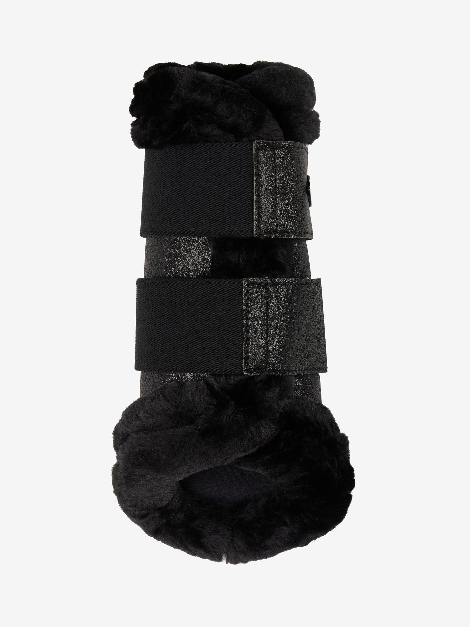 Pair of black and gray horse leg wraps on a white background
