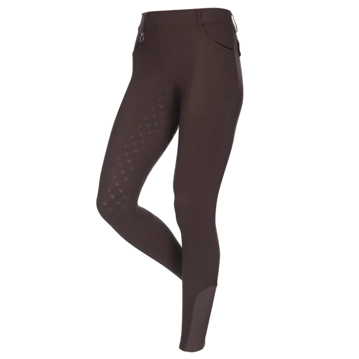 Dark brown equestrian riding tights with textured diamond-patterned panels on the inner thighs and a ribbed grip panel on the lower leg, shown on a white background.