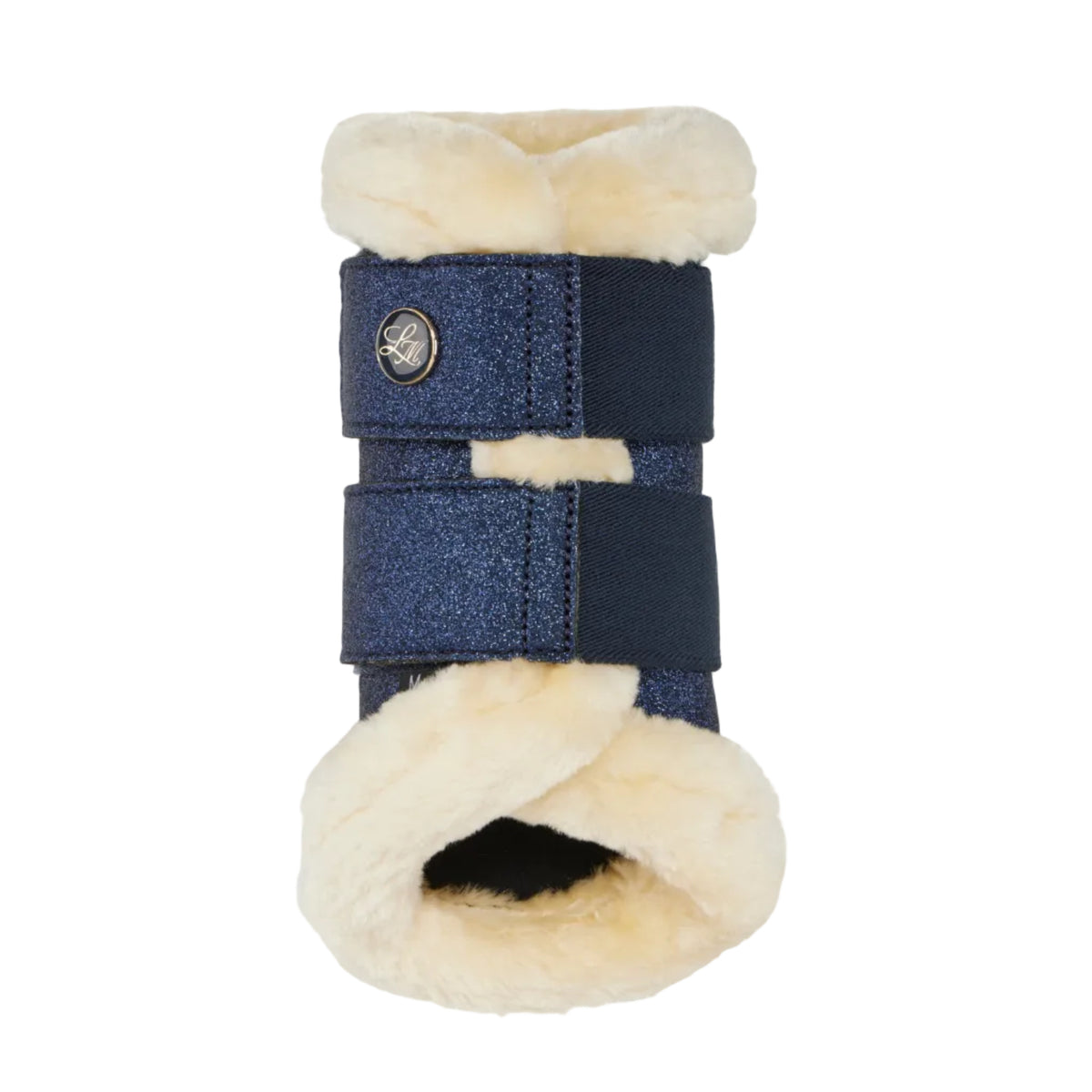 A protective bootie boot on a plain light gray background. The boot features a navy blue glittery upper strap with a silver-tone metal logo button, a navy blue fabric strap, and thick cream-colored faux fur lining on the top and bottom.