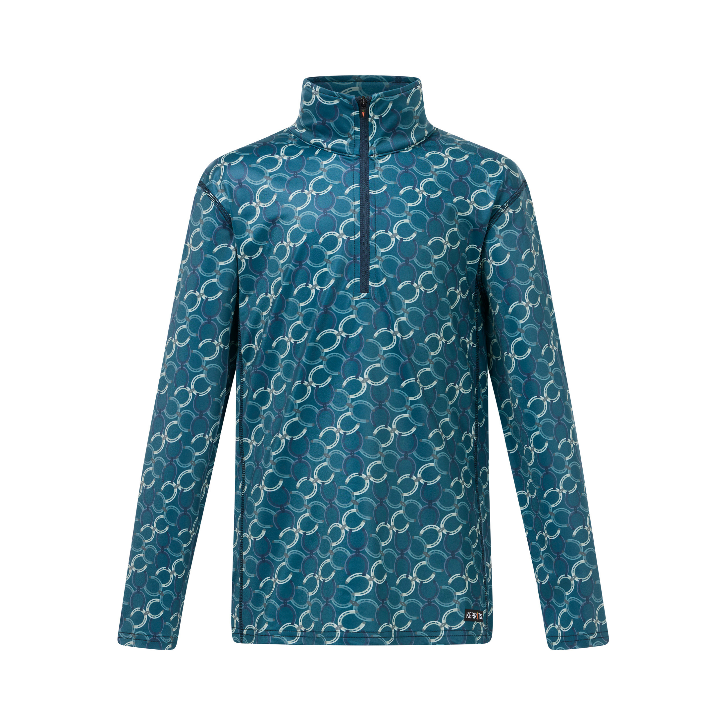 A teal blue long-sleeve quarter-zip pullover jacket with an allover white interlocking chain pattern, shown against a plain white background.