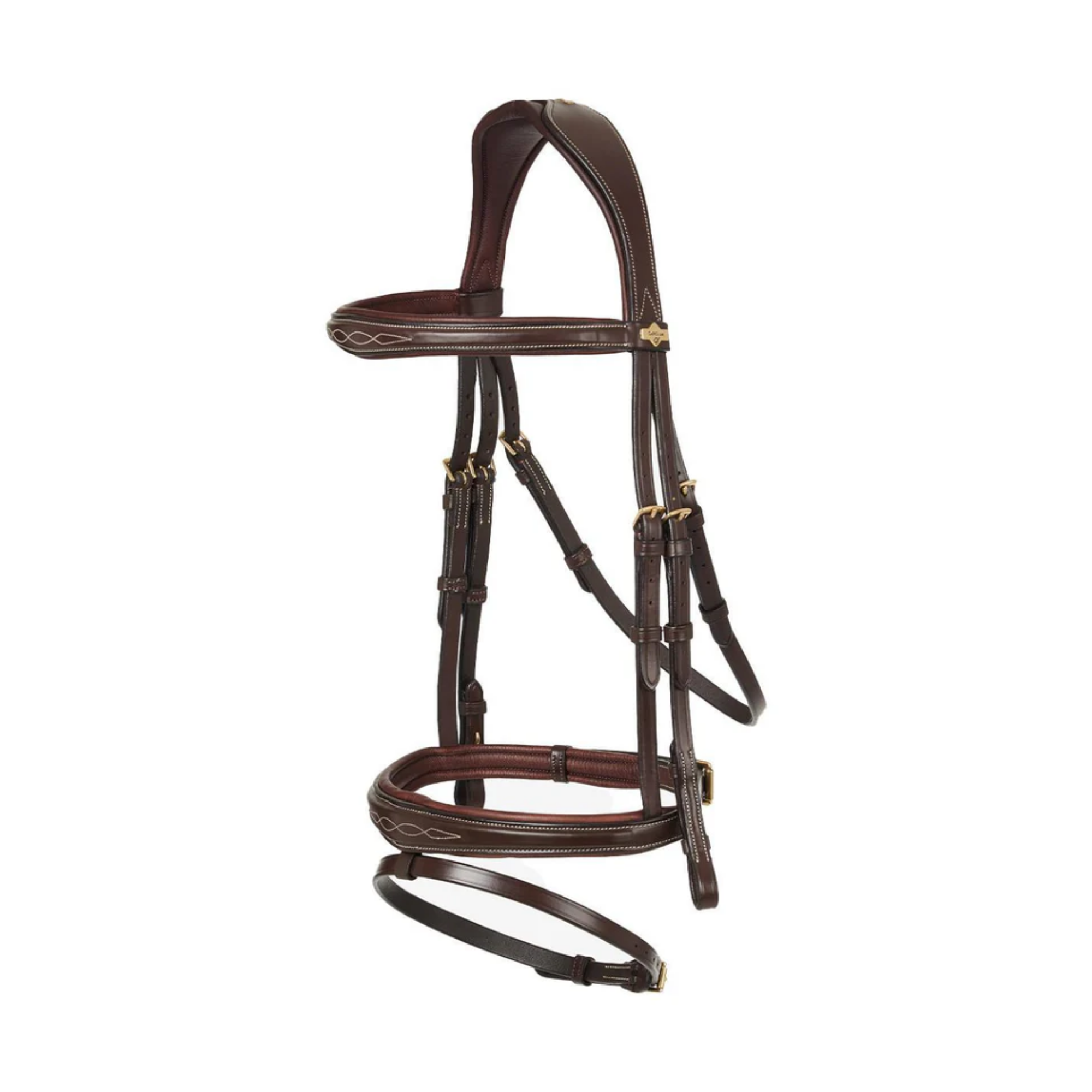 Brown leather horse bridle with gold accents on a white background