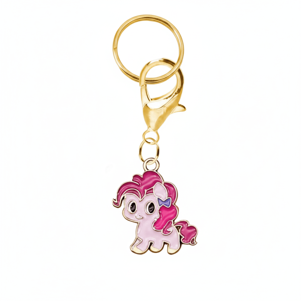Pink pony keychain with gold clasp on a white background