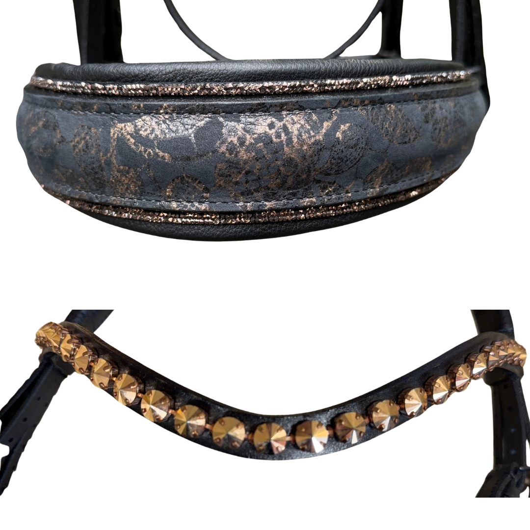 Otto Schumacher Tokyo Double Bridle with Black Leather & Metallic Rose Gold Nose Band- Horse