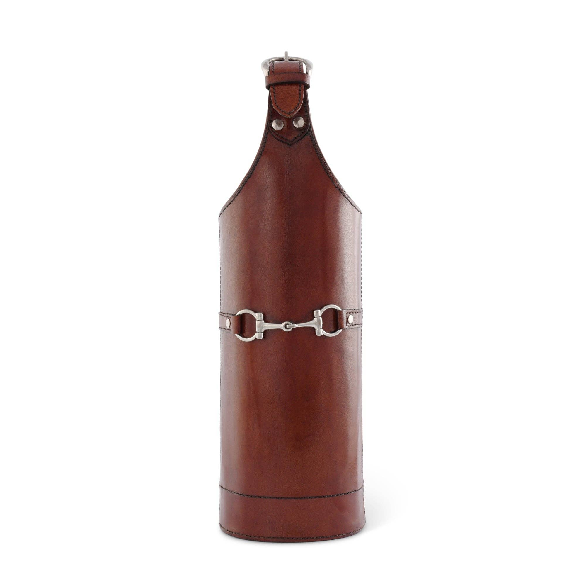 Brown leather flask with silver clasp on a white background