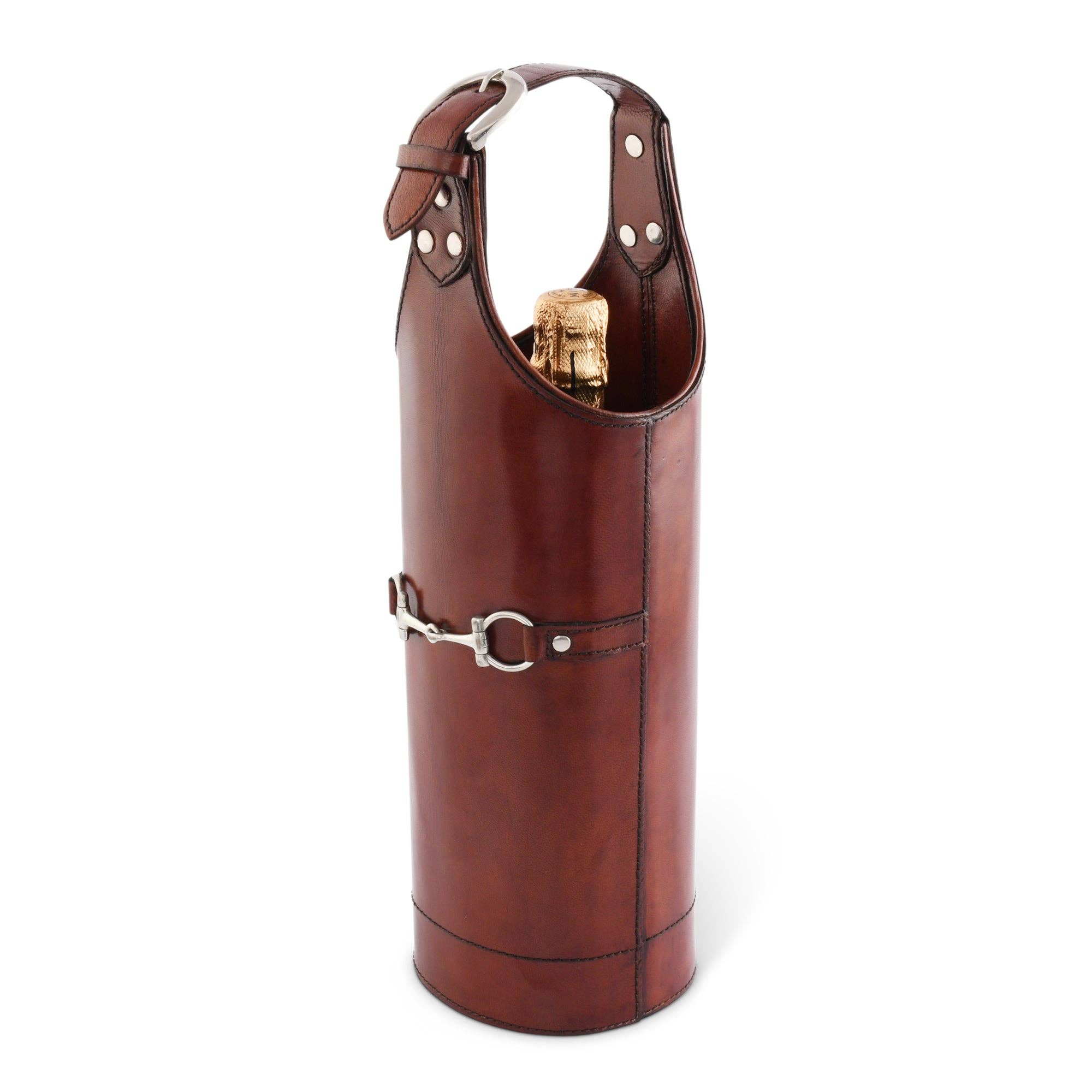 Brown leather wine bottle holder with a gold wine bottle on a white background