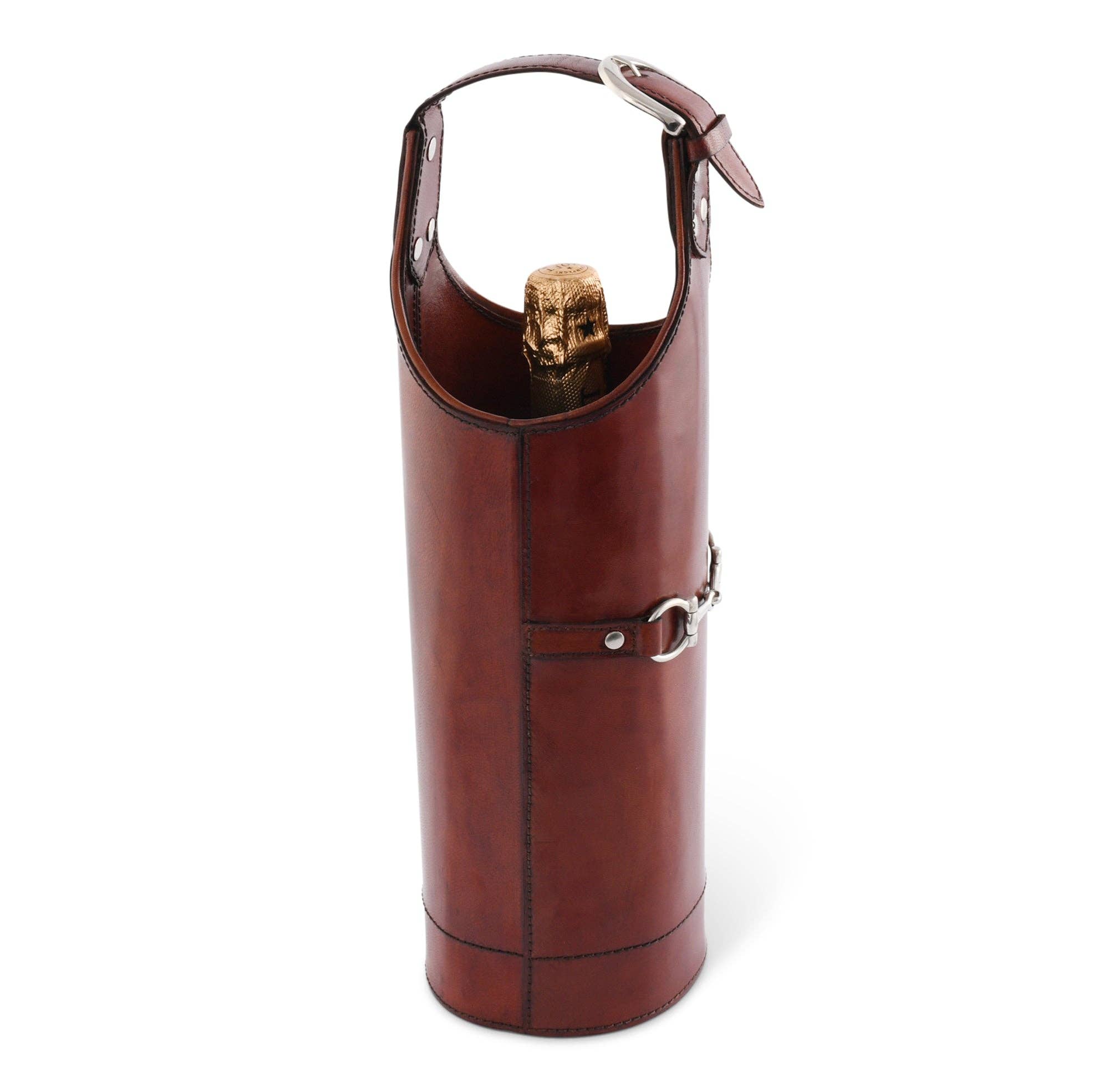Brown leather wine bottle holder with a cork on a white background