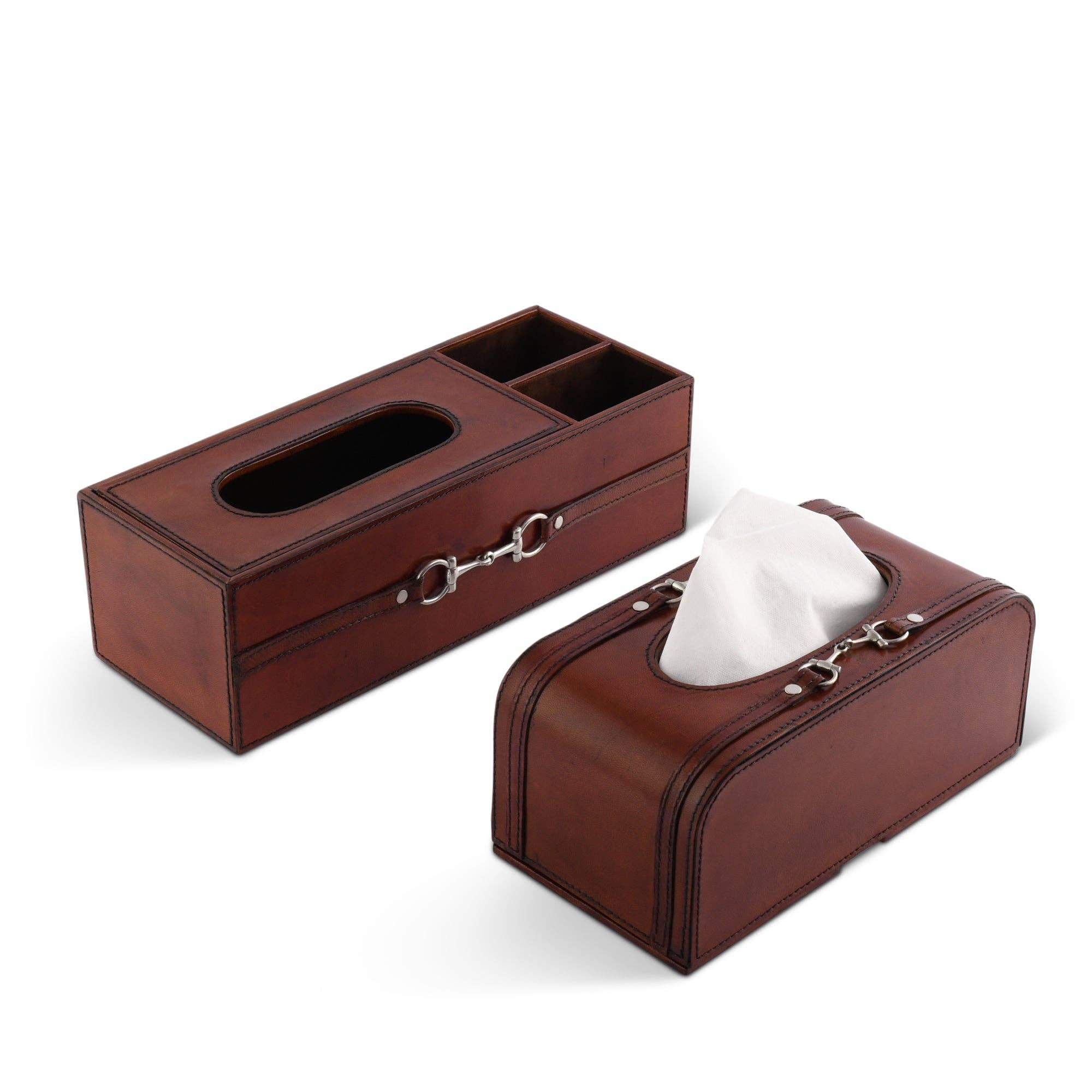 Brown leather tissue box with compartments on a white background