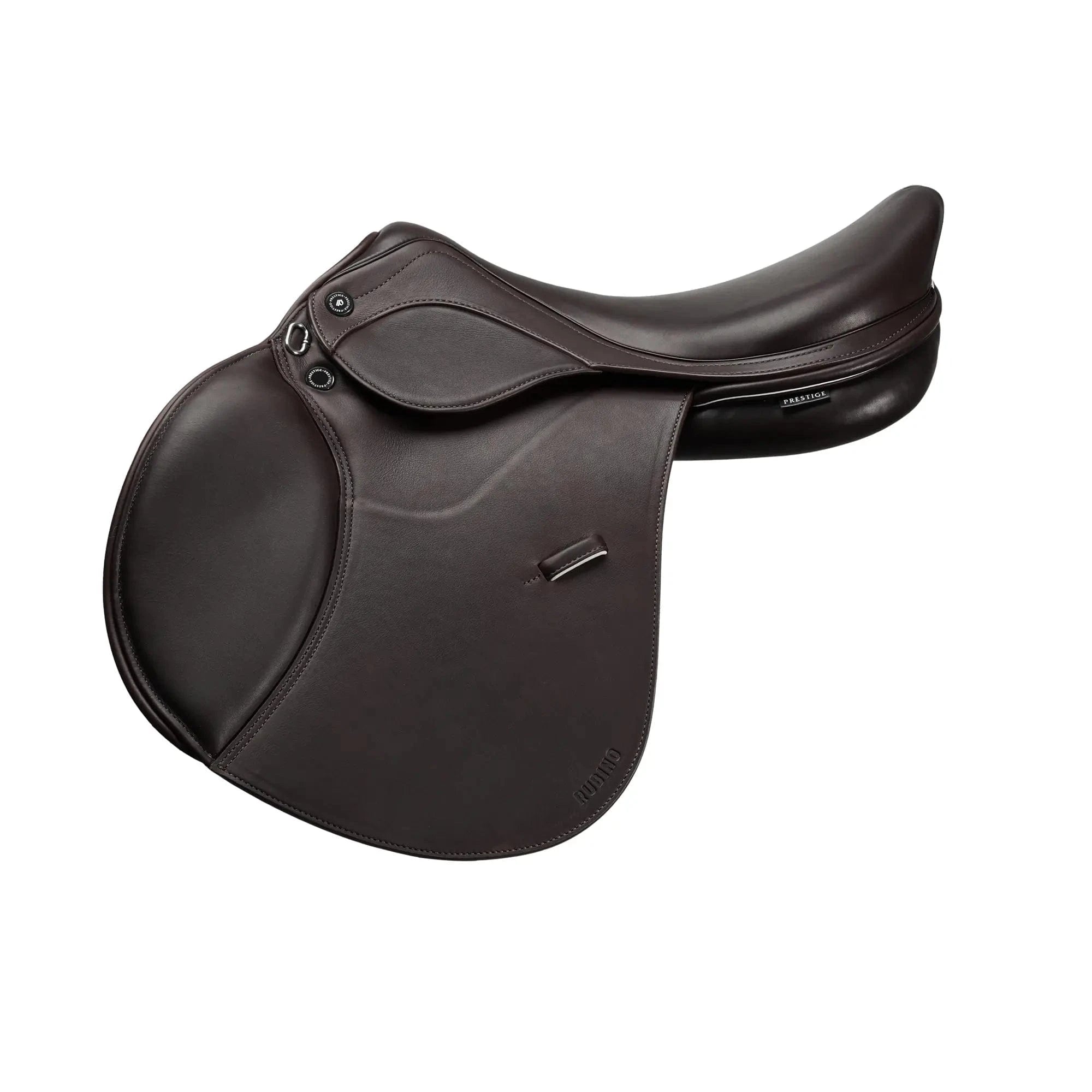 A 17-inch Prestige Rubino MD Integrated Flocked saddle with a tobacco leather flap and a black tree, designed for equestrian activities.