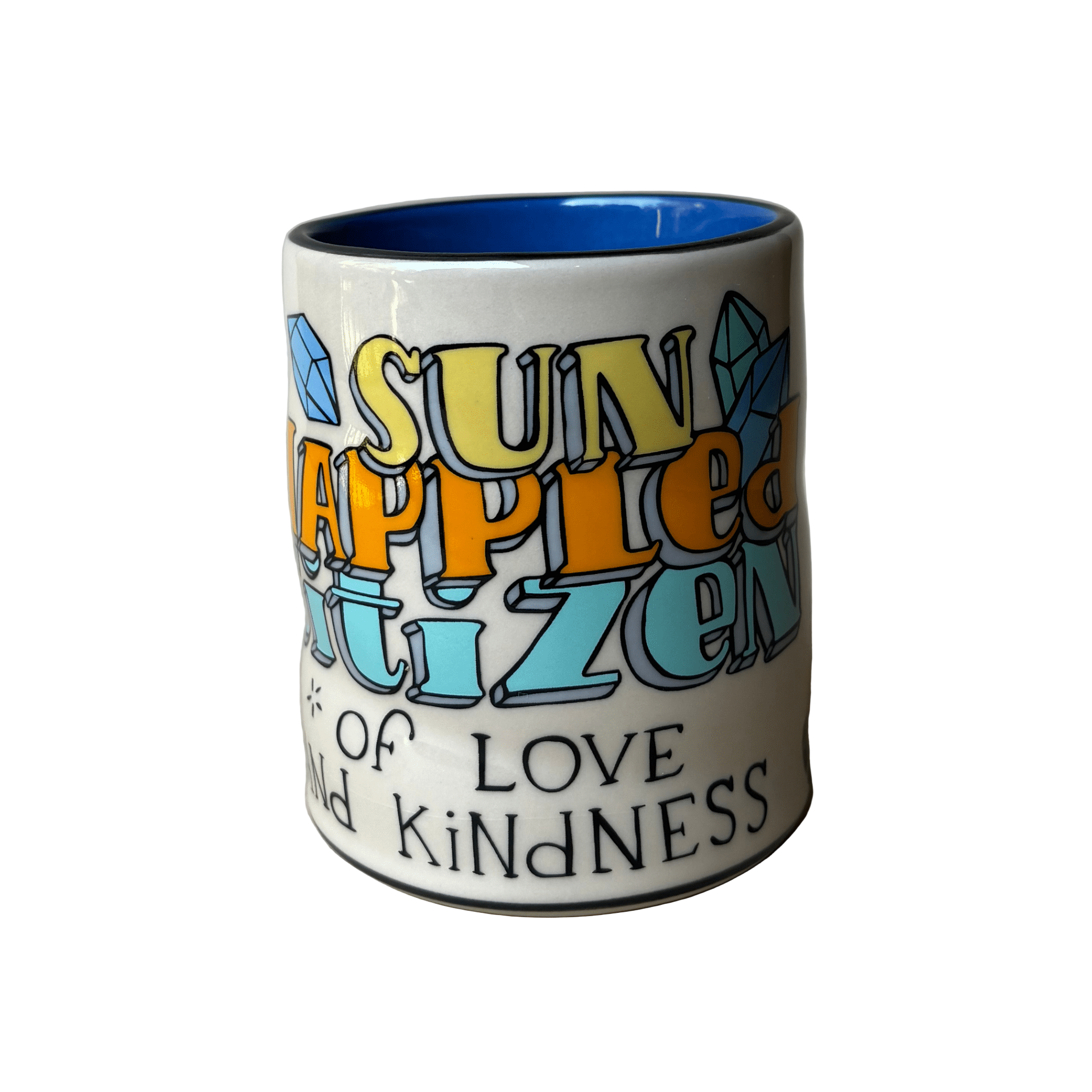 Mug with colorful text on a plain background