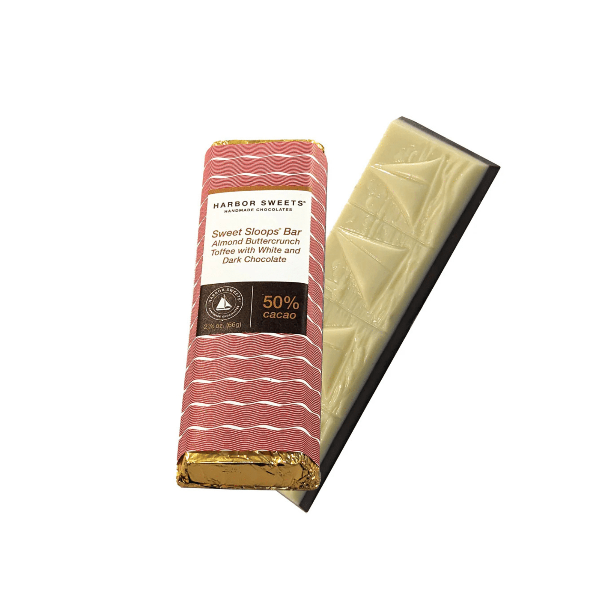 chocolate bar with almond buttercrunch and white, dark chocolate