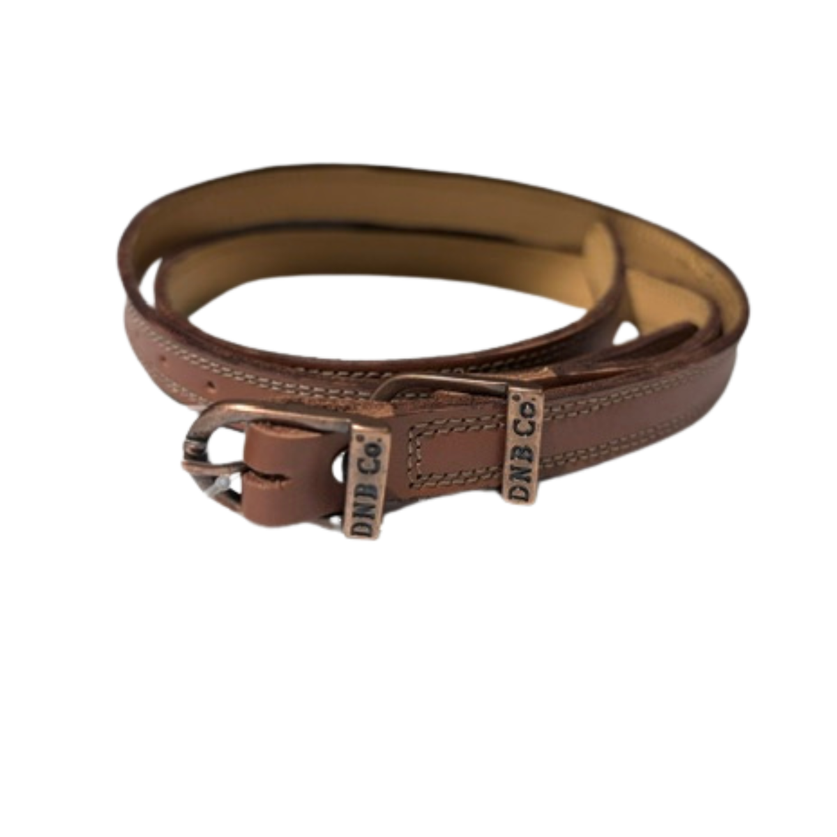 A brown leather belt with a silver-tone buckle, featuring a stitched edge and metal tags engraved with the brand name 'DNB Co'.