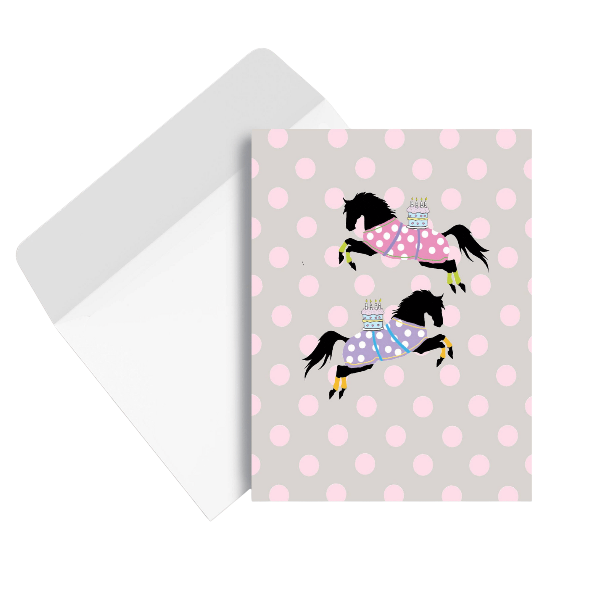 Polka Dot Horses with Cakes Birthday Card
