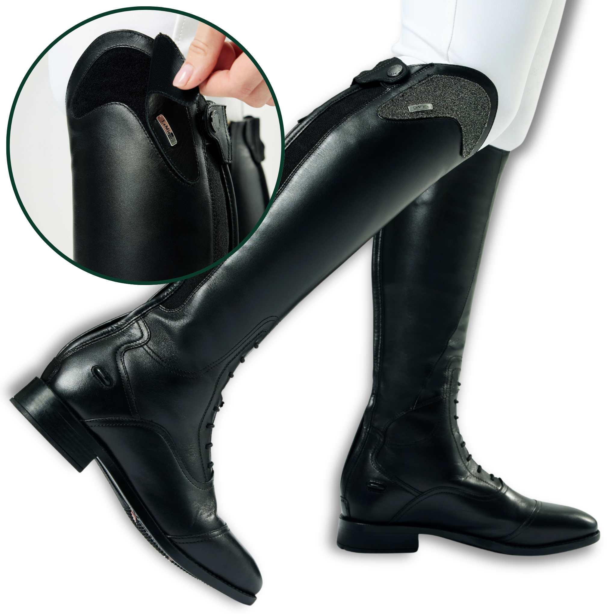 Black riding boots with a close-up of a brand logo on a white background