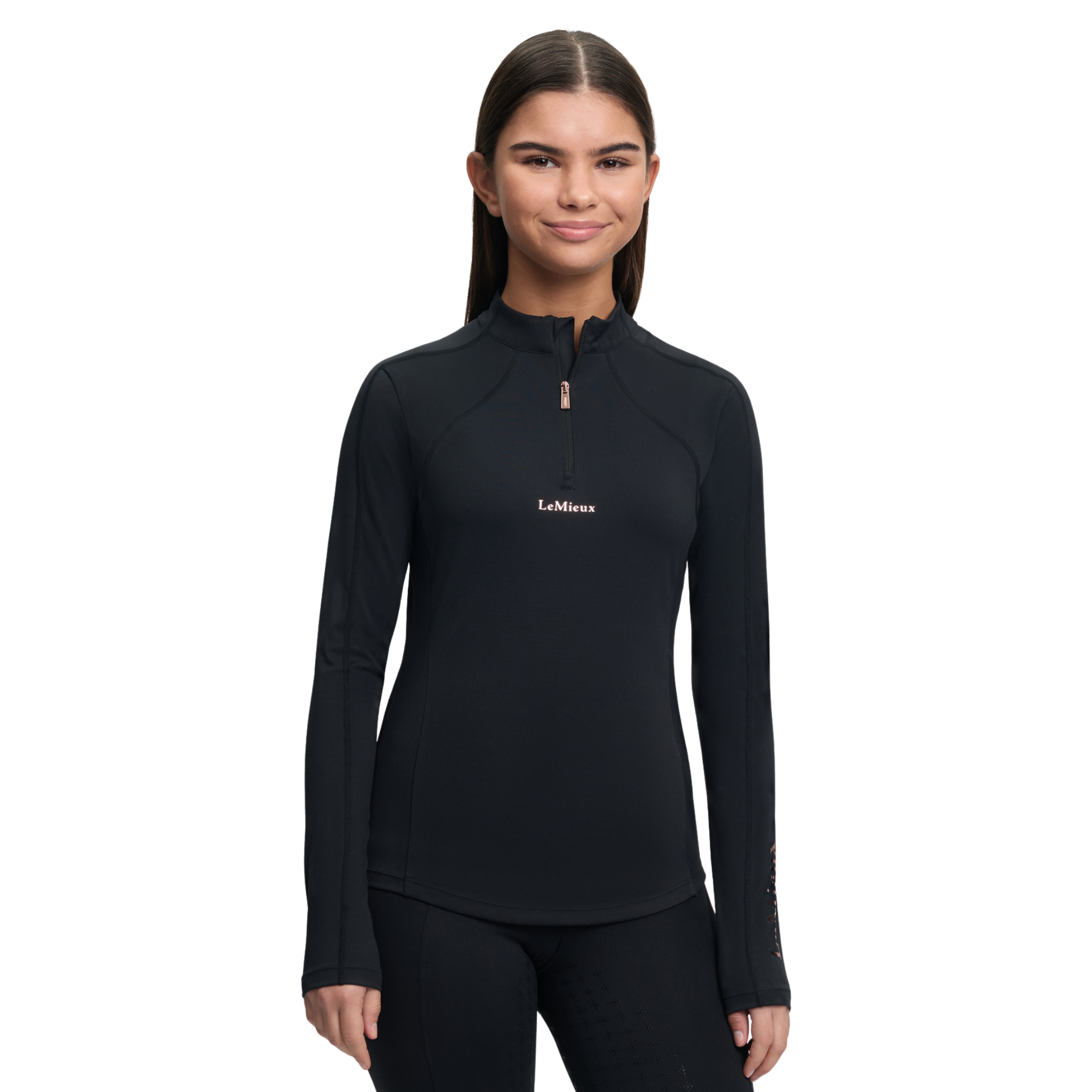 Woman wearing a black long-sleeve athletic top with a brand logo on a white background
