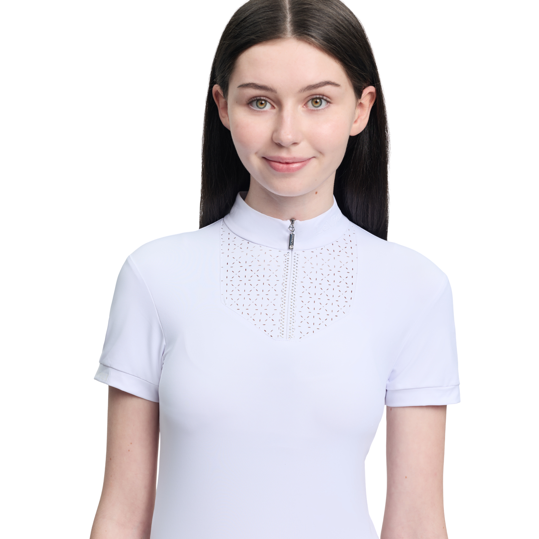 Woman wearing a light purple short-sleeve top with a zipper on a white background