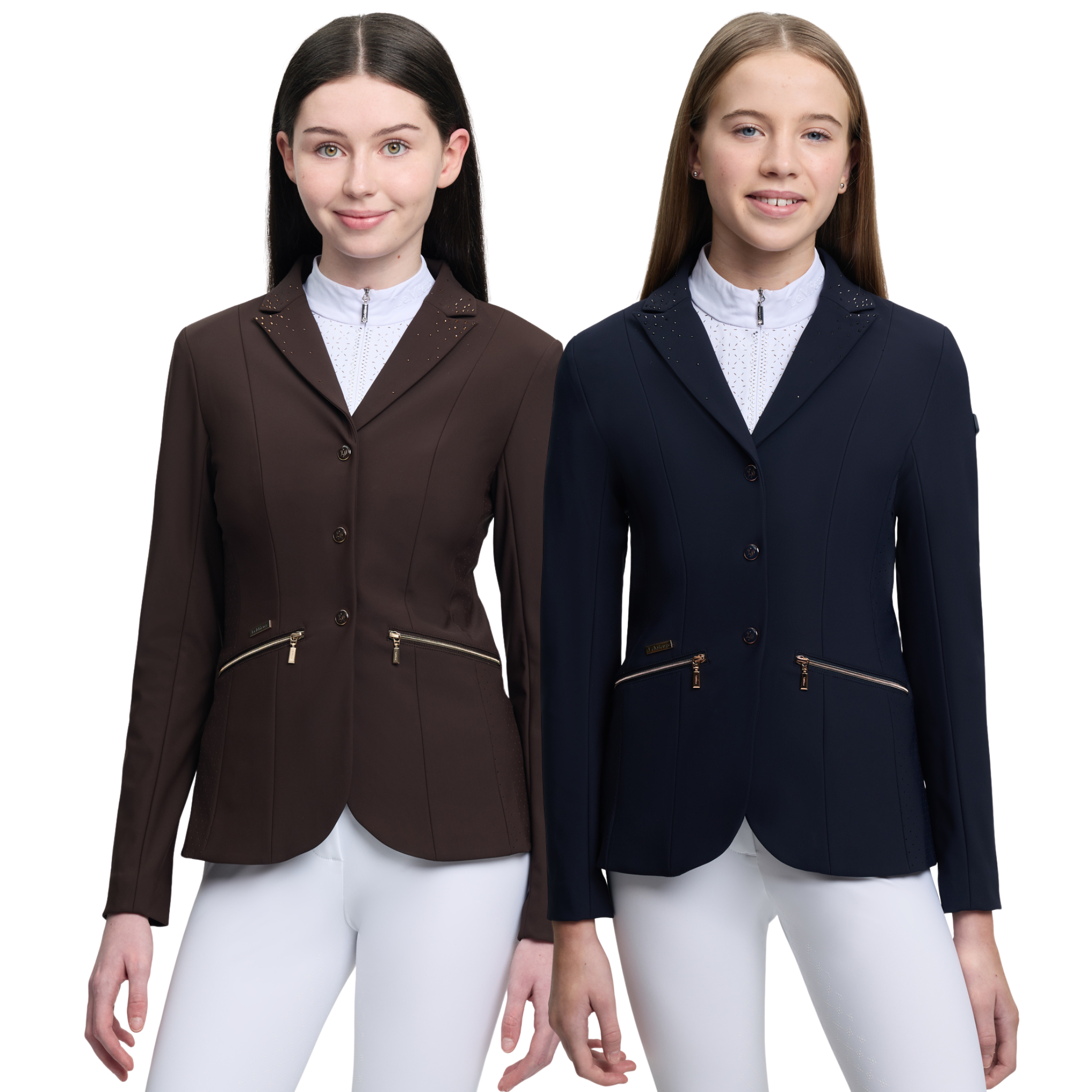 Two people wearing equestrian jackets on a white background