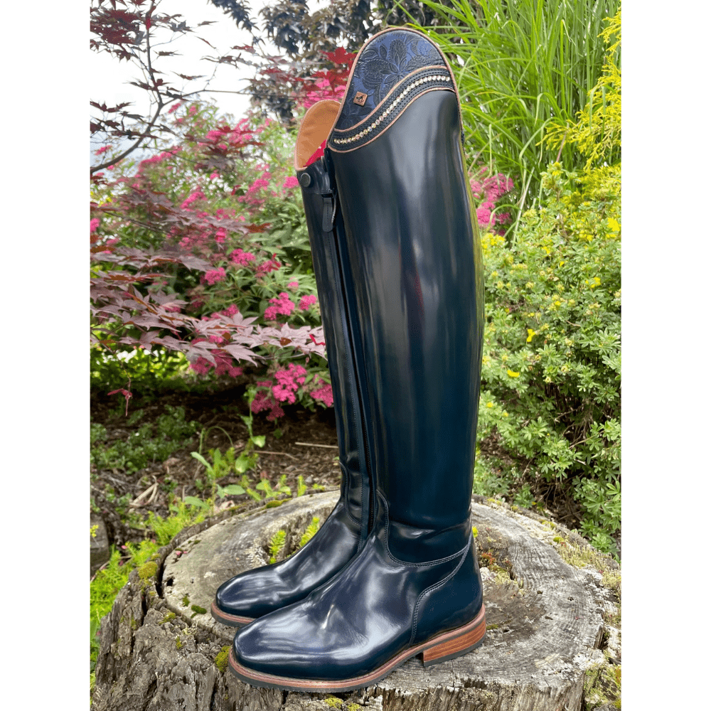 Custom DeNiro Raffaello Dressage Boot - Brushed Blue with Greta Uptop & Rose Gold with Swarovski