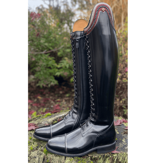 Custom DeNiro Tintoretto Dressage Boot - Brushed Black with Glitter Pink Rondine, BG Bordeaux, & Swarovski
