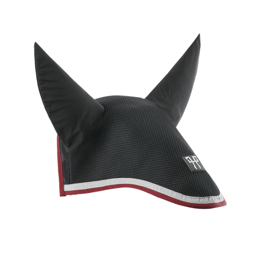 Black ear bonnet with silver and burgundy trim 