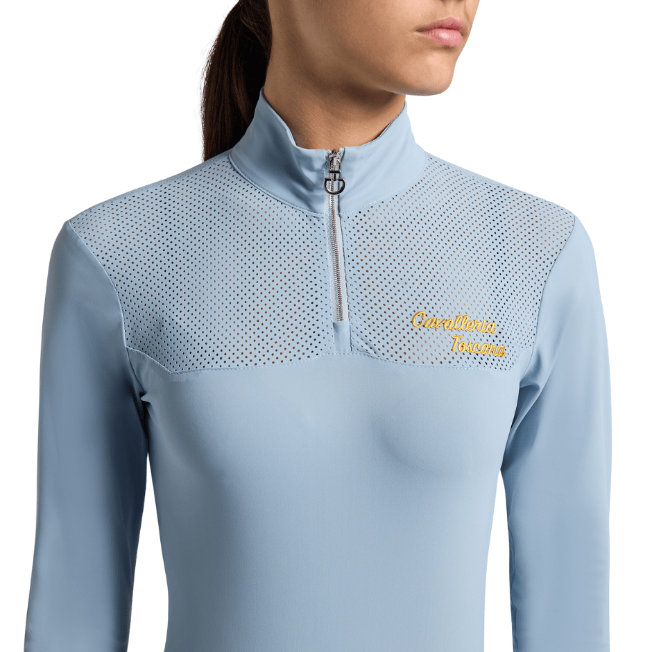 Cavalleria Toscana Junior Perforated Jersey Long Sleeve Training Polo - Blue Fog