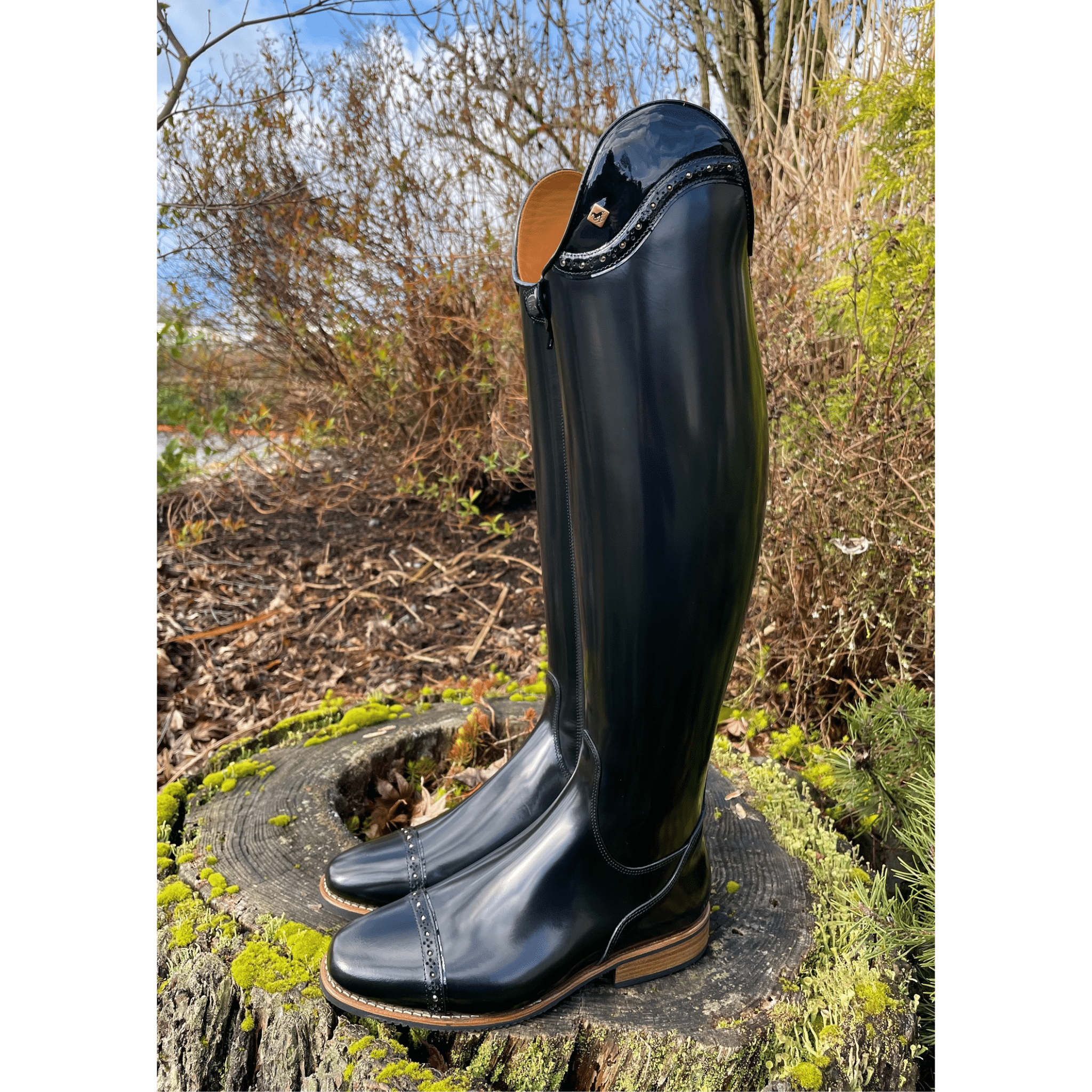 Custom DeNiro Bellini Dressage Boot - Brushed Black with Patent Uptop & Rose Gold