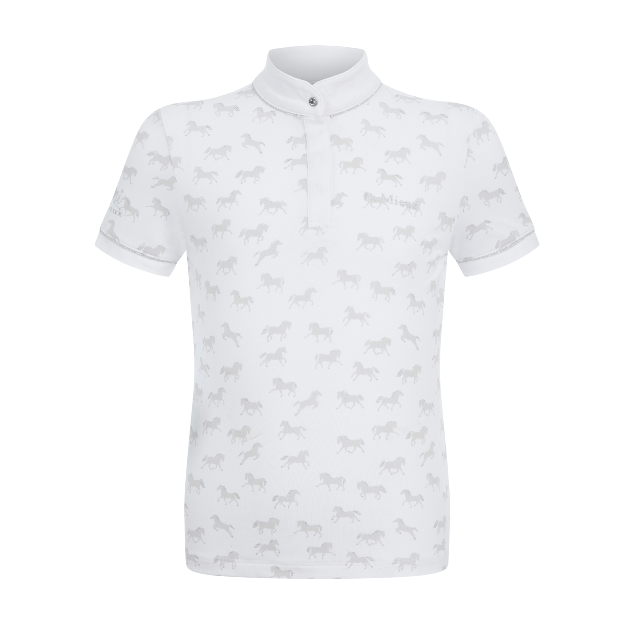 White polo shirt with subtle pattern on a white background