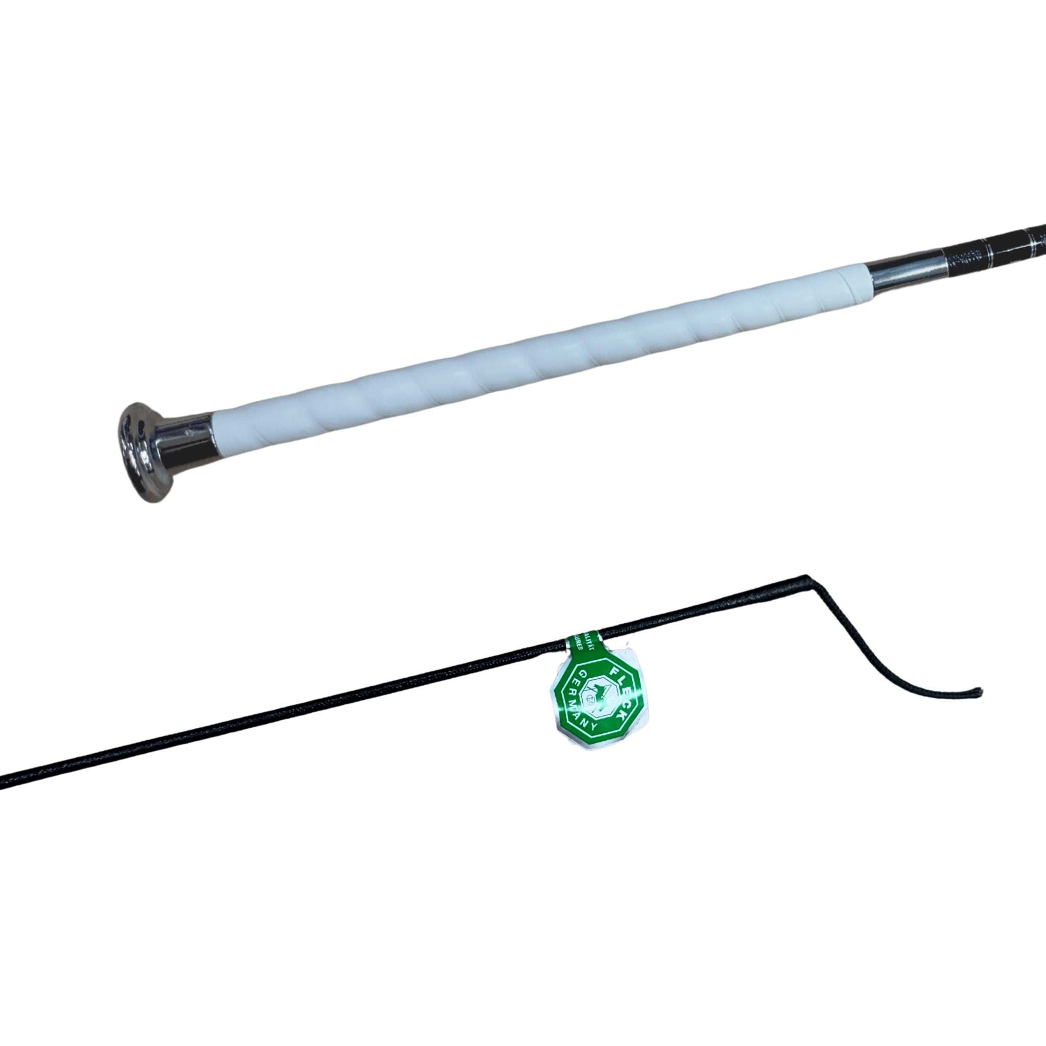White riding crop with a green tag on a white background