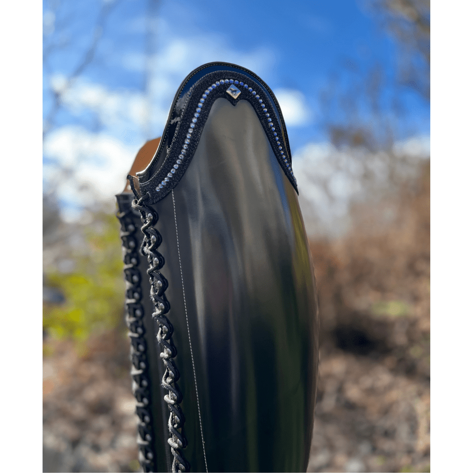 Custom DeNiro Tintoretto Dressage Boot - Brushed Black with Patent and Swarovski Rondine Top