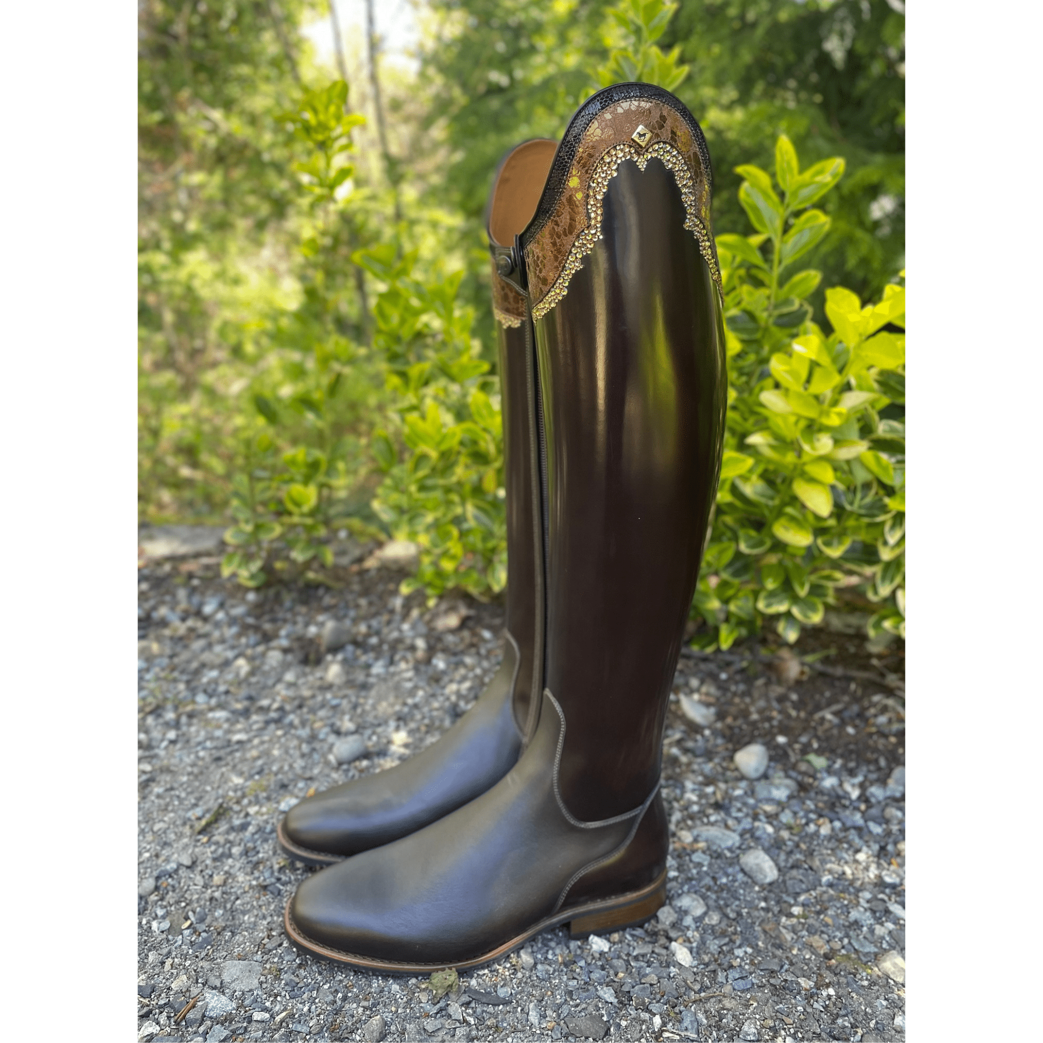 DeNiro Bellini Dressage Boot - Brushed Brown with Codone Ice Bronzo & Swarovski Collier