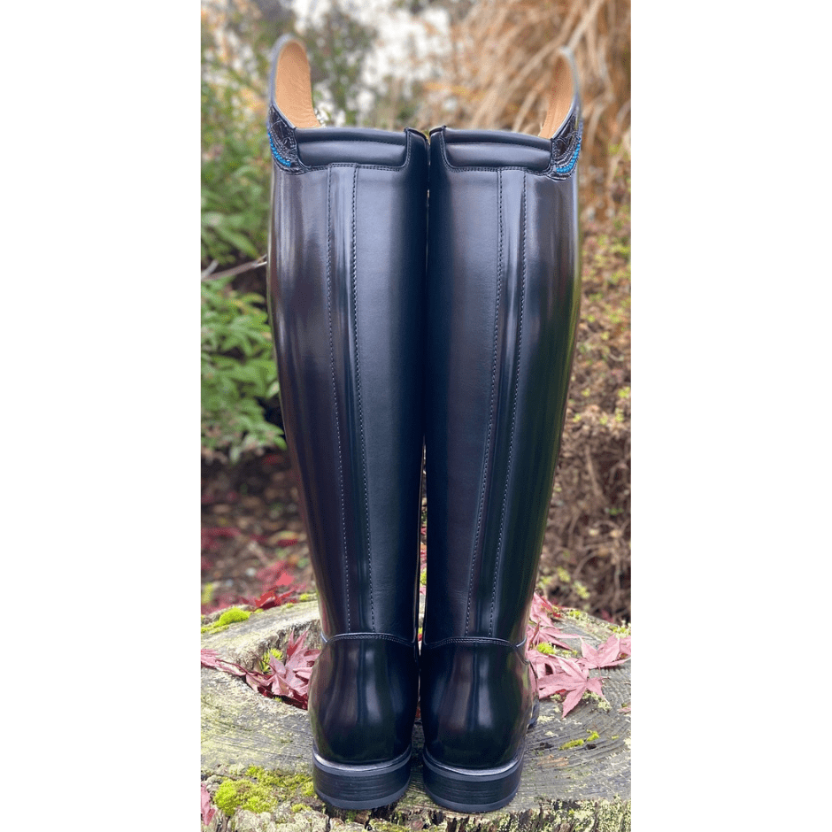 *Custom DeNiro Raffaello Dressage Boot - Brushed Black & Black Lucidi Rondine with Crystals - Comfort Knee & Elastic Stretch Panel - 40 MC/XL