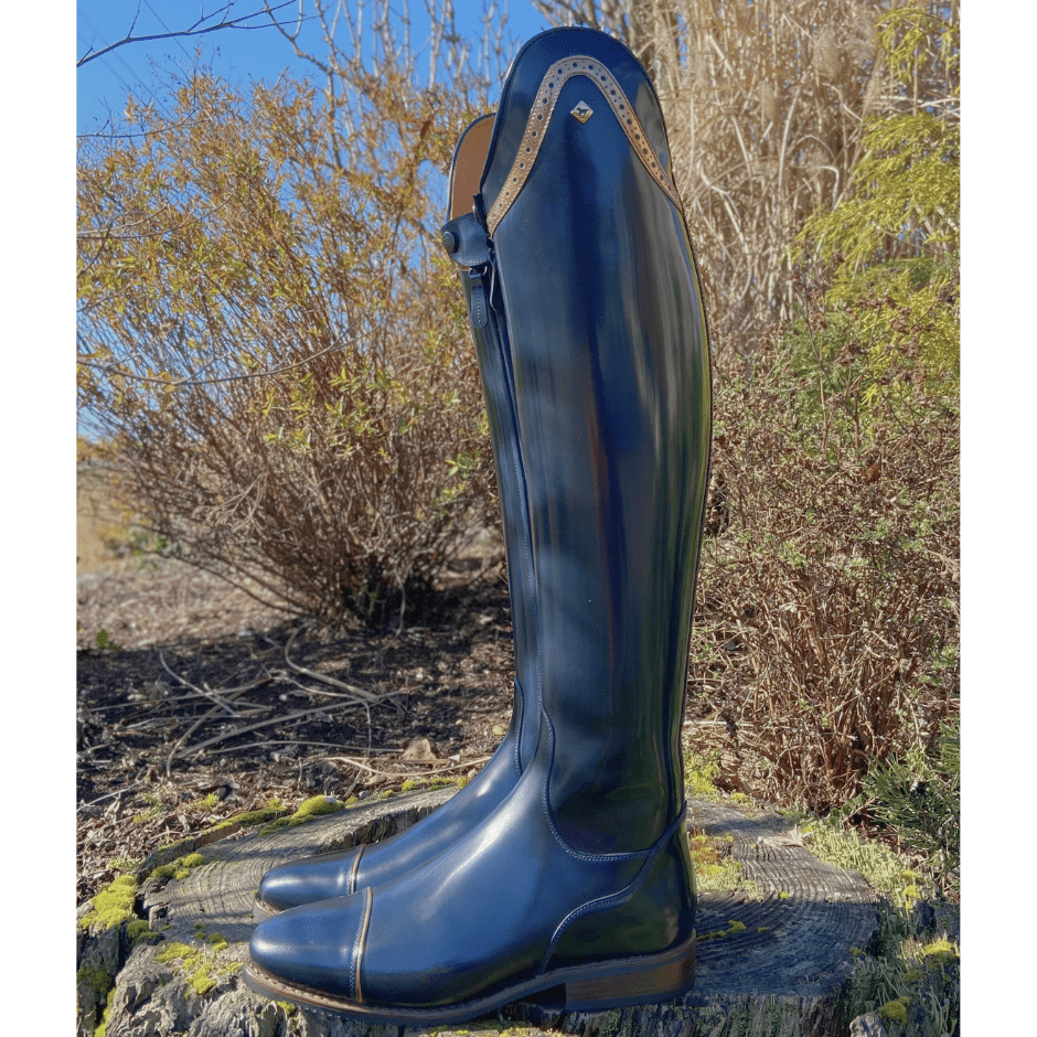 Custom DeNiro Bellini Dressage Boot -Brushed Blue with Punched Piccolo Specchio Caramello Top