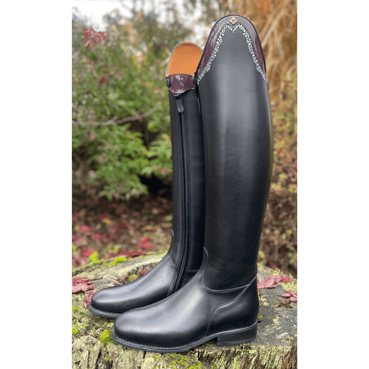 Custom DeNiro Raffaello Dressage Boot - Black with Patent Prugna & Swarovski Rondine