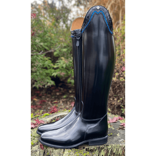 *Custom DeNiro Raffaello Dressage Boot - Brushed Black & Black Lucidi Rondine with Crystals - Comfort Knee & Elastic Stretch Panel - 40 MC/XL