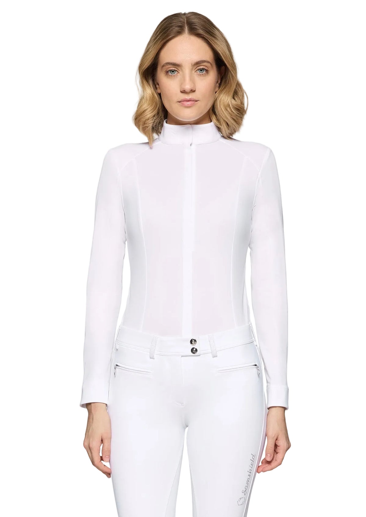 Woman wearing a white outfit on a white background