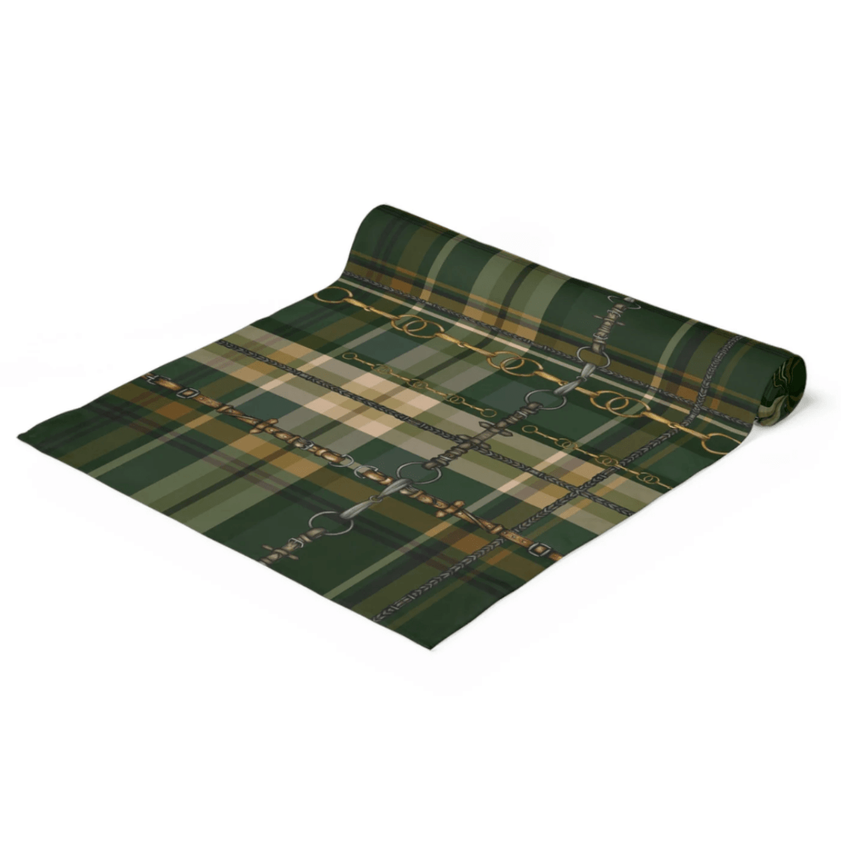 Hunter Green Plaid Bit & Rein Motif Equestian Table Runner
