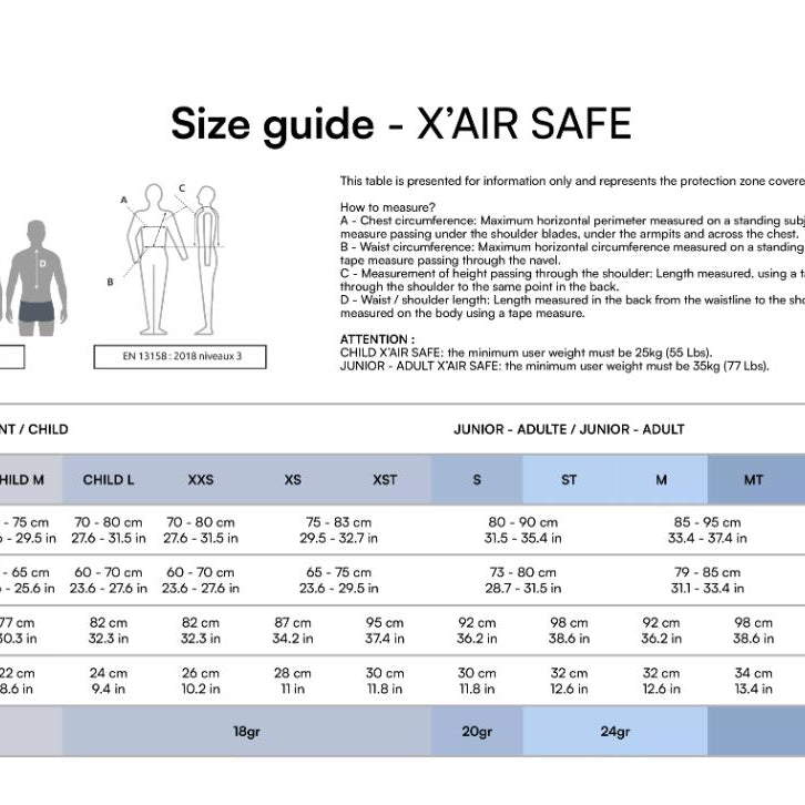 X'Air Size Chart
