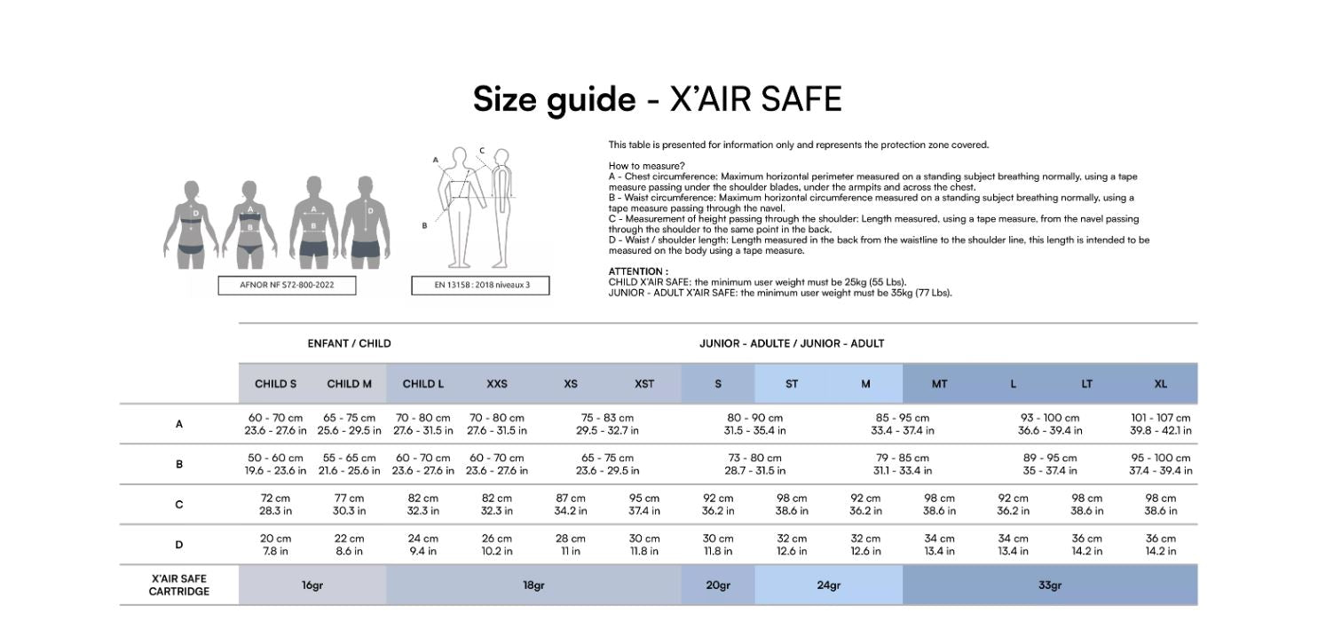 X'Air Size Chart