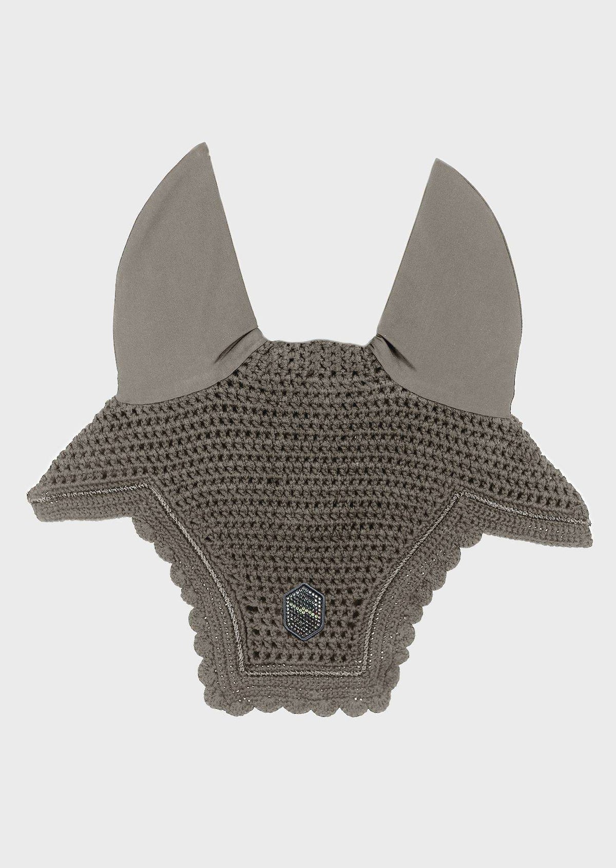 A gray knit horse ear cover with solid gray fabric ears and a textured knit body, shown against a light gray background.