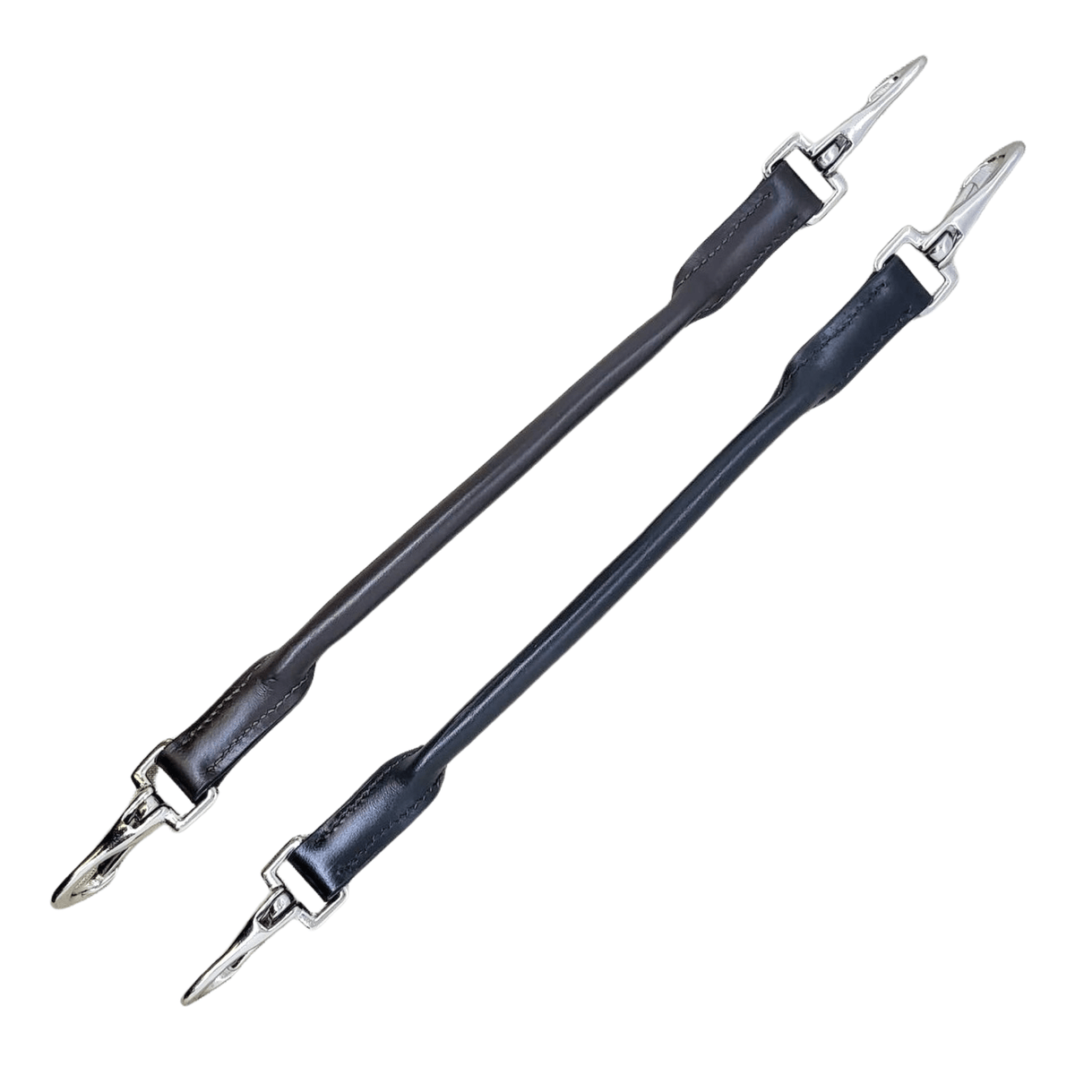 A black leather pommel strap with metal clips, designed for use with a saddle.