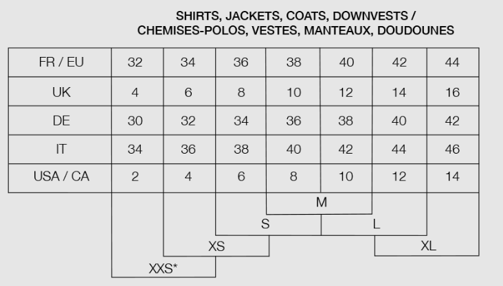 A size conversion chart for shirts, jackets, coats, down vests, chemises-polos, vestes, manteaux, and doudouines, showing measurements in French/EU, UK, DE, IT, and USA/CA for sizes XS through XL and M.