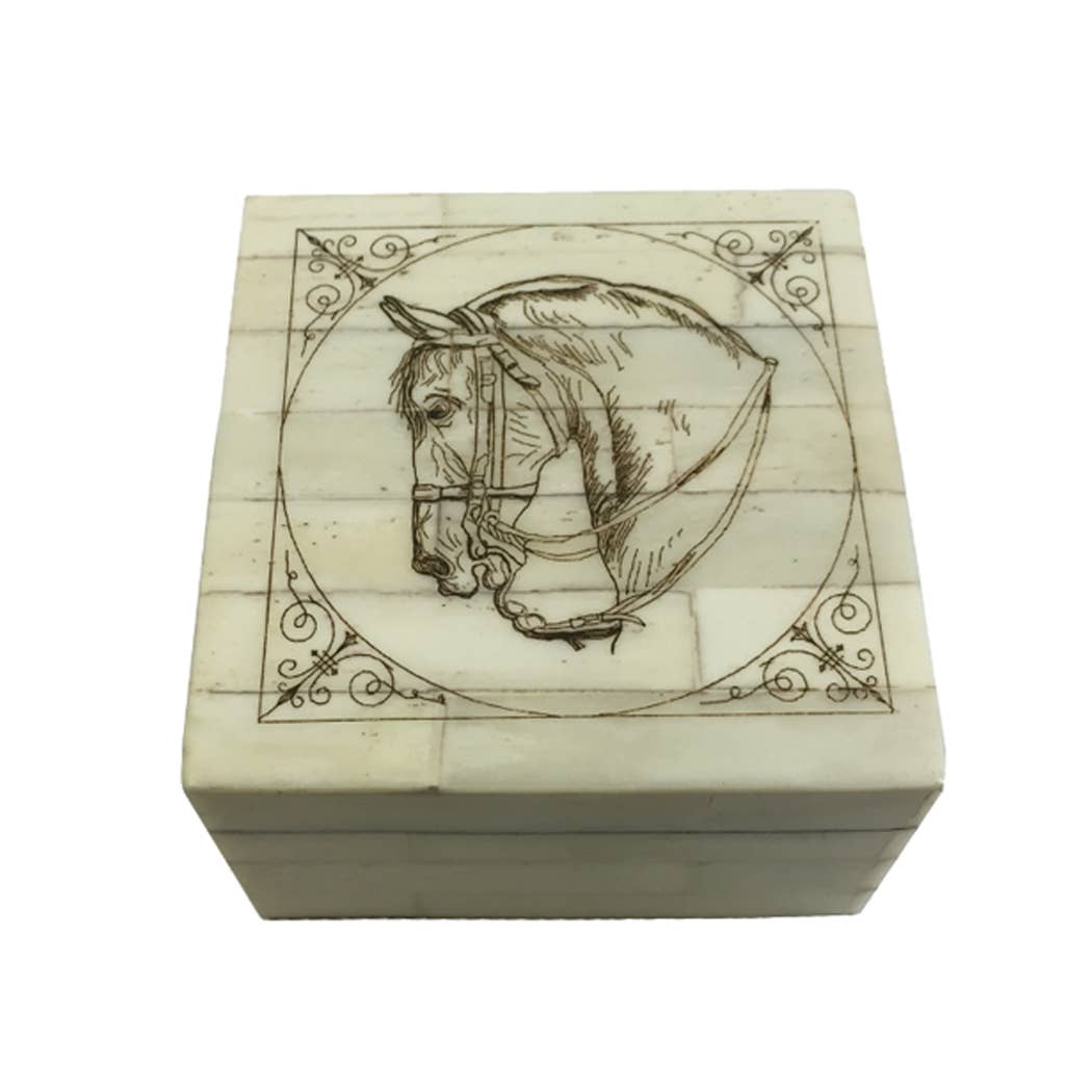 Horse Head Scrimshaw Etched Bone Box