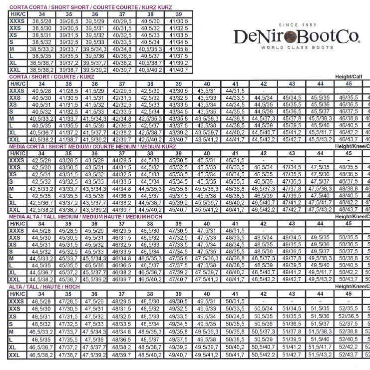 Measurement chart for boots with DeNiro Boot Co branding