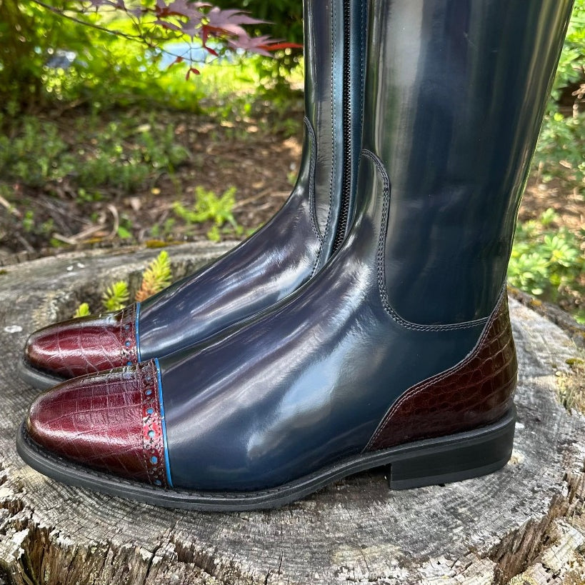 Custom DeNiro Bellini Dressage Boot - Brushed Blue & Cocco Bordeaux Uptop & Ramses with Fineline