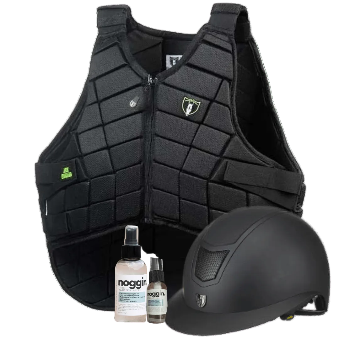 Black protective vest and helmet with grooming products on a white background