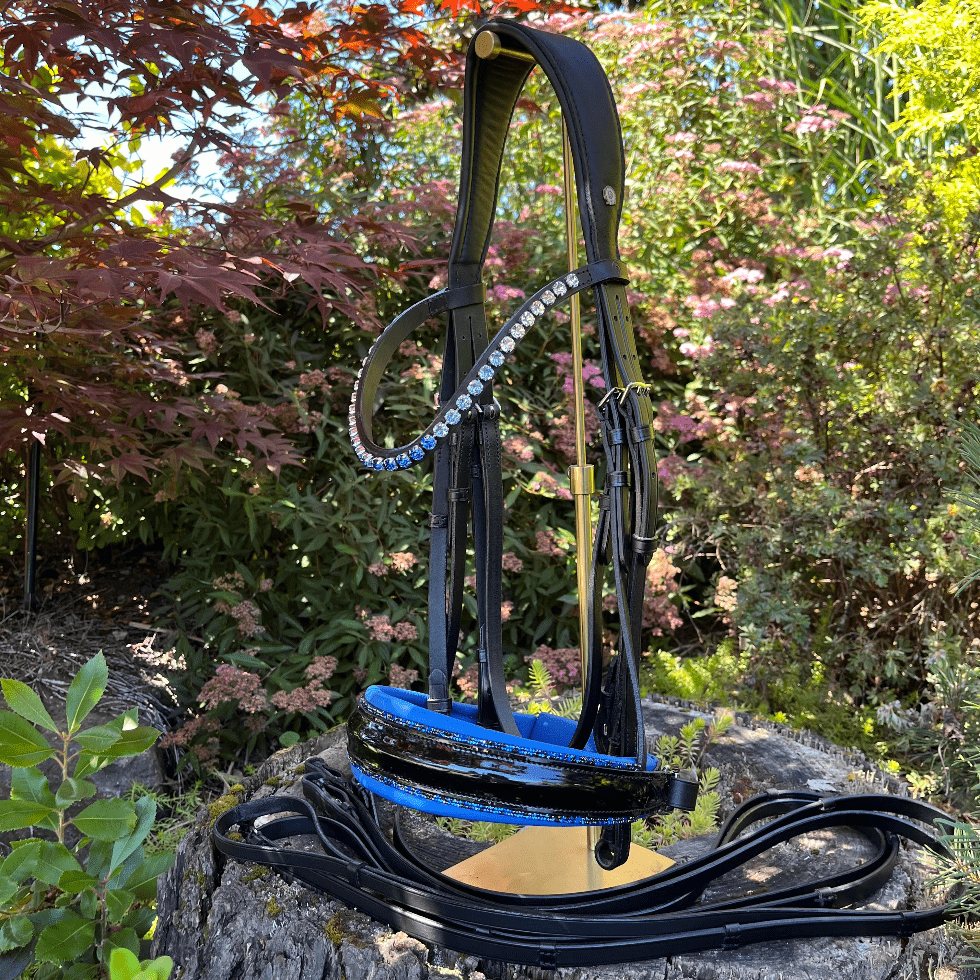 Otto Schumacher Tokyo Double Bridle with Black Patent and Blue Fineline - Horse